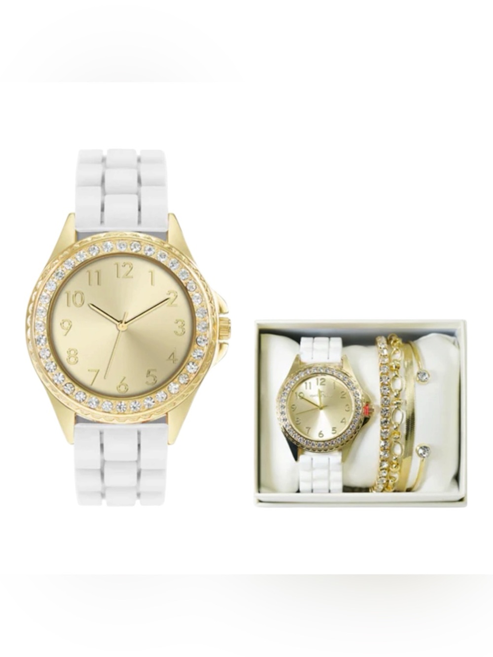 Gold-Tone Crystal Accent Watch with White Band and Bracelet Set